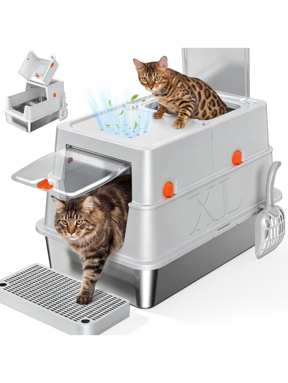 XL Covered Stainless Steel Litter Box with Lid - Modern Light Gray Design